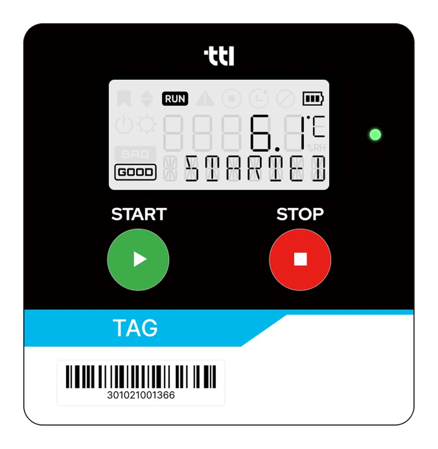 TTL Tag data logger, segment LCD reading 6.1 degrees and STARTED, with START and STOP buttons